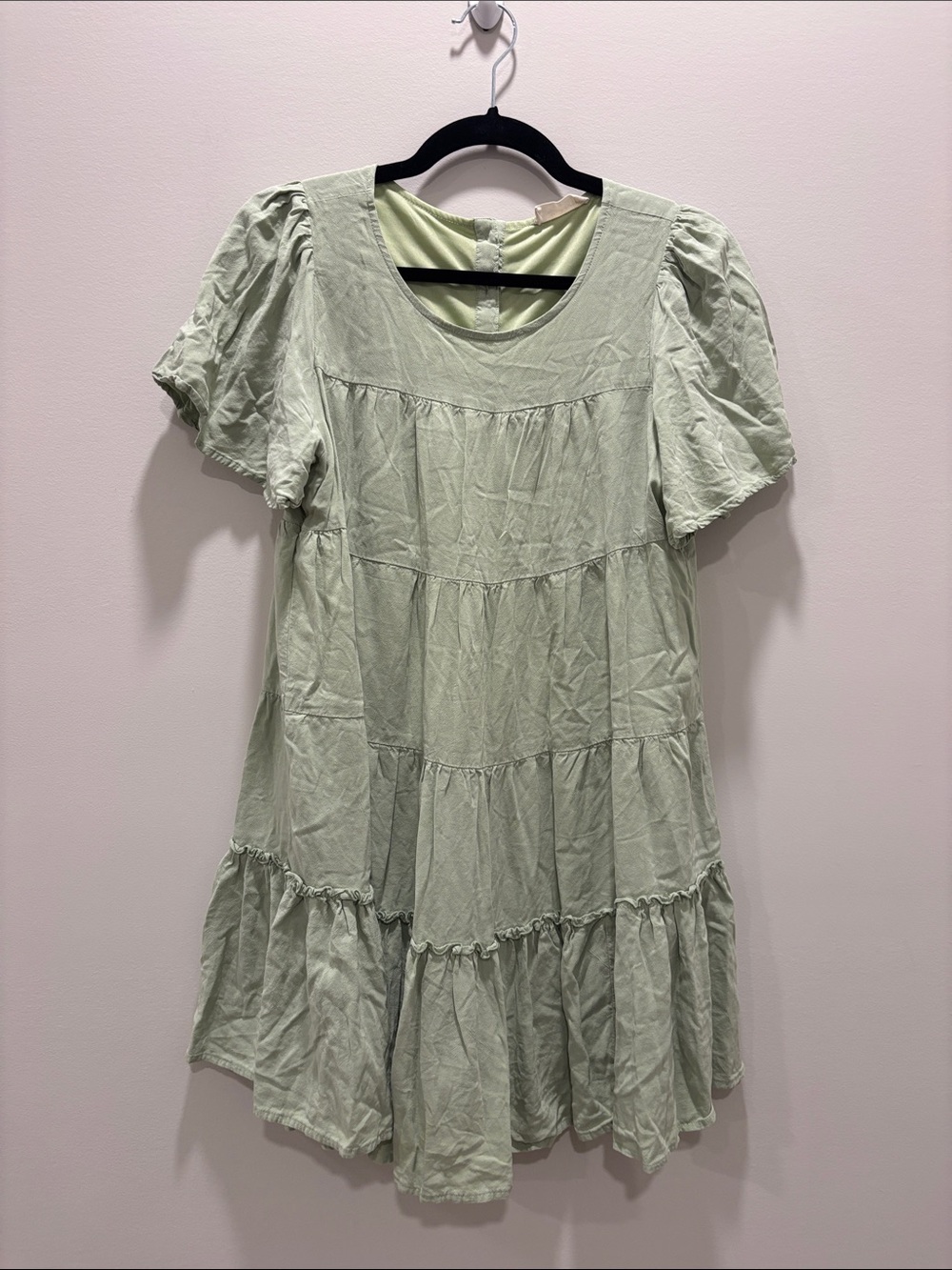 Altar’d State Linen Sage Green Tiered Babydoll Mini Dress Puff Sleeve